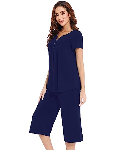 WiWi Soft Viscose from Bamboo Pajamas for Women Short Sleeve Pajama Sets with Capri Pants Pjs Comfy Loungewear S-XXL4