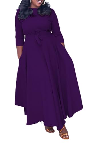 Image of Hostoyo Women Plus Size Formal A Line Maxi Dress Self Tie Waist with Pockets Elegant Round Neck Swing Long Dresses