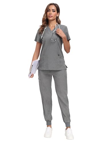 SIAIHUA Scrubs for Women Set, V Neck Scrub Top & Cargo Pants with 8 Pockets, Jogger Scrub Set(Heather Grey,M)