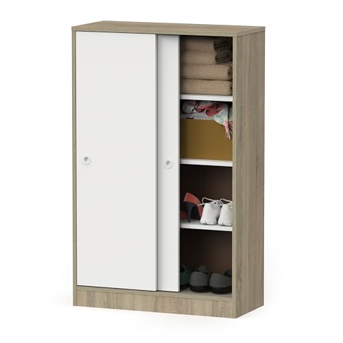 MUEBLES PITARCH | Armario Auxiliar Multiusos bajo Puertas Correderas para Limpieza, cocinas, galerías, despachos 120x74x33cm (Alto x Ancho x Fondo), Blanco y Roble Cambrian, Colección Tibet