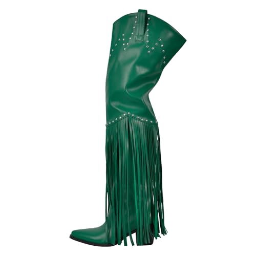 Image of richealnini Western Thigh High Cowboy Boots with Fringe Over Knee Wide Calf Cowgirl Boots