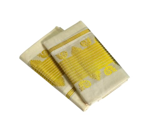 Image of Womens Kuthampully Set Mundu With Golden & Stripes Kara