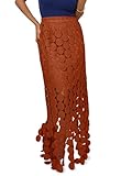 Cicy Bell Womens Hollow Out Maxi Skirts Summer High Waisted Boho Fringe Hem Long Skirt Caramel