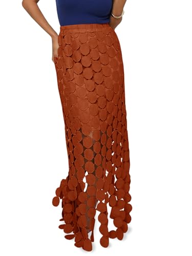Cicy Bell Womens Hollow Out Maxi Skirts Summer High Waisted Boho Fringe Hem Long Skirt Caramel