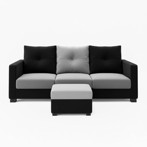 Image of FURNY Amonster 4 Seater L Shape Sofa Set with Movable Ottoman | Flexible Left or Right Layout | Plush Velvet Fabric (Black-Light Grey) | Perfect for Living Room, Guest Room & Office