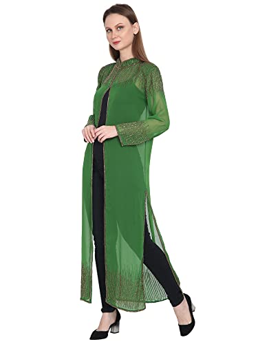 Image of Matelco Women Georgette Floor Length Hand Embroidered Embellished Longline Front Open Shrug Dress