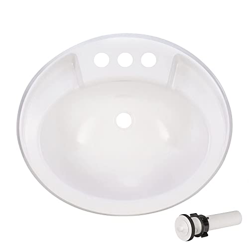 RecPro RV 20 x 17 Plastic Oval Bathroom Sink | White | Single Bowl Lavatory Sink (With Stopper)