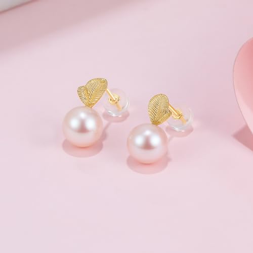 18K Gold Earrings Pearl Drop Earrings Studs Yellow Gold Women Stud Earrings Leaf Studs for Women Her KHPB0951203