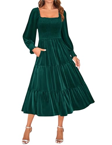ZESICA Women’s Velvet Long Sleeve Dresses 2025 Fall Square Neck Smocked Ruffle A Line Flowy Midi Dress with Pockets,DarkGreen,Large