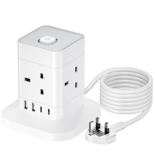 hotimy 5M Extension Lead with USB Slots 13A Cube Extension Lead with 2 USB A and 2 USB C Ports 4 Way Plug Extension Socket with Switch Power Strip 5 Meters Long Extension Cord for Home Office