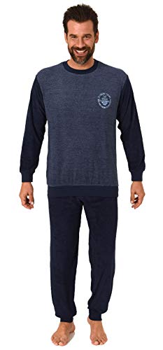 Herren Frottee Pyjama Langarm Schlafanzug mit Bündchen - 212 101 13 801, Farbe:blau-Melange, Größe:52