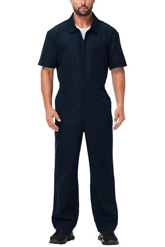 AOBUTE Mens Horror Killer Jumpsuit Halloween Mechanic Costume Coveralls Short Sleeve Front Zip Overalls Navy L