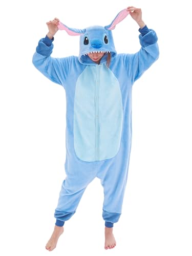 NEWCOSPLAY Unisex Onesie Adult Animal Pajamas Adult Plush One Piece Cosplay Costume(Stitch,X-Large)