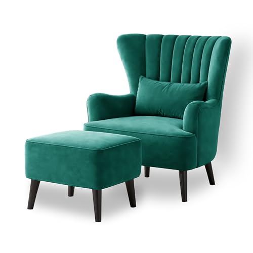 Image of Modern Velvet Wingback Accent Chair with Ottoman & Cushion for Living Room | Premium Upholstered Lounge Chair with Footrest |Green