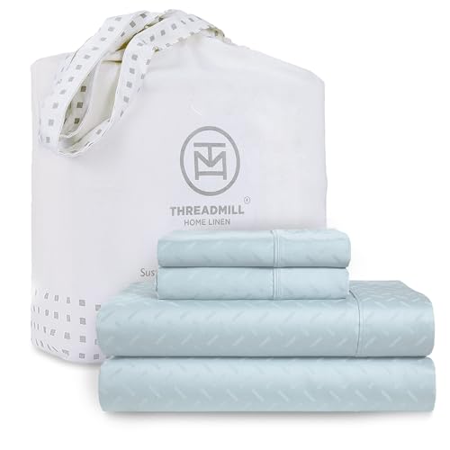 Image of Threadmill 300 Thread Count Cotton Queen Sheet Set, Sateen, Jacquard, Blue | 100% Cotton, Sateen Weave, Jacquard Pattern, 4-Piece Set, 16 inch Deep Pocket, Cooling, Fade-Resistant, Pill-Resistant