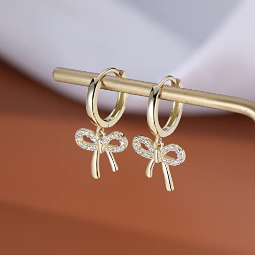 Reffeer Solid 925 Sterling Silver Bow Drop Hoop Earrings for Women Teens Bowknot Hoop Earrings Huggie Ribbon Earrings3