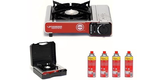 ROTHENBERGER Industrial Campingkocher PREMIUM inkl. 4 Gaskartuschen | inkl. Tragekoffer | 1-flammig Gaskocher Camping Gas Kocher Kartusche | für Töpfe 12-26 cm