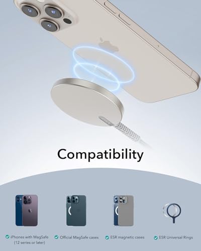 Image of ESR Magsafe Charger for iPhone, Wireless Charger Compatible with iPhone 17 /17e /16 /15 /14 /13 /12, Samsung Galaxy S26 Series, AirPods 4 /3 /AirPods Pro, Natural Titanium