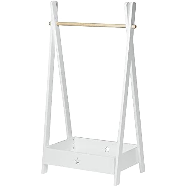 [en.casa] Garderoba dziecięca Laxe 126 x 73 x 43 cm, wieszak na ubrania dla dzieci, wolnostojący, stojak na ubrania ze schowkiem, drążek z bambusa, biały/naturalny