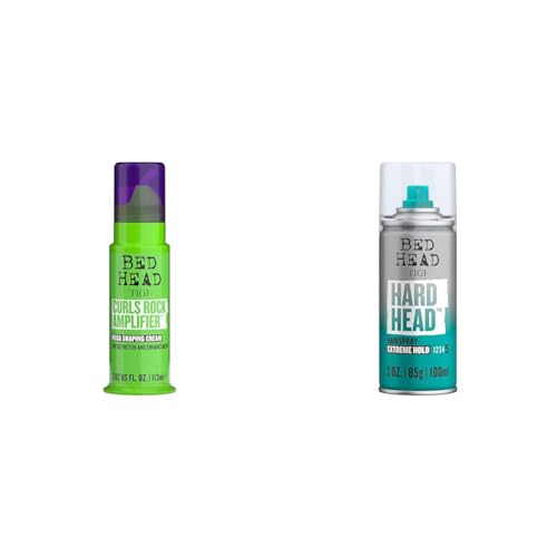 TIGI Bed Head Curls Rock Amplifier Curly Hair Cream for Defined Curls 3.82 fl oz & Bed Head Hard Head Hairspray for Extra Strong Hold Travel Size 3 oz