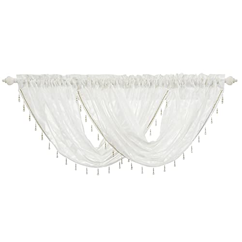 NAPEARL Beaded Kitchen Window Valance Curtains-Rod Pocket Waterfall Swag Curtains, Premium Jacquard Sheer Valance for Bathroom Small Window, 1 Piece ( 57 x 37 in, White )