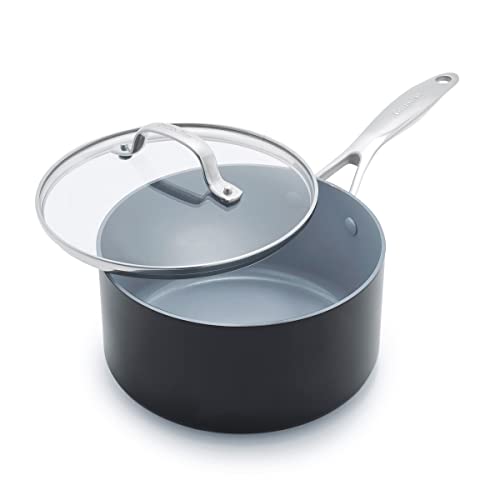 GreenPan Valencia Pro Hard Anodised Healthy Ceramic Non-Stick 18 cm / 2 Litre Saucepan with Lid, PFAS-Free, Induction, Oven Safe, Grey