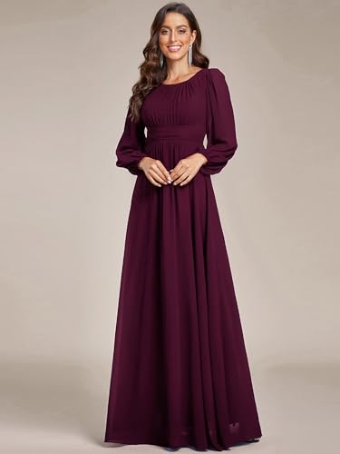 Image of Ever-Pretty Women's Crewneck Long Lantern Sleeves Floor Length A-Line Pleated Chiffon Formal Dress 0106B