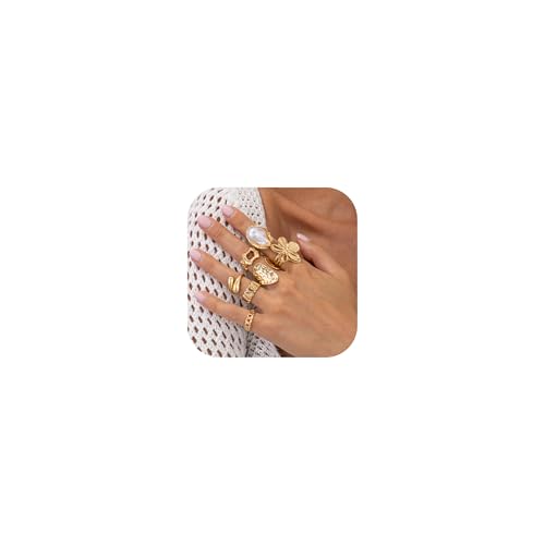 Gmai Gold Rings Set 7 Pack Chunky Flower Pearl Adjustable Stackable Statement Jewelry Non Tarnish Hypoallergenic Tarnish Resistant Gift for Women (Golden Flower Set)