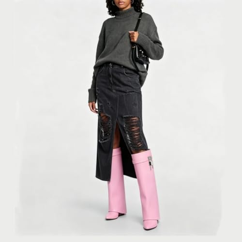 Image of keleimusi Fold Over Wedge Boots Heeled PadLock Pant Knee High Shoes Tall /Short Booties