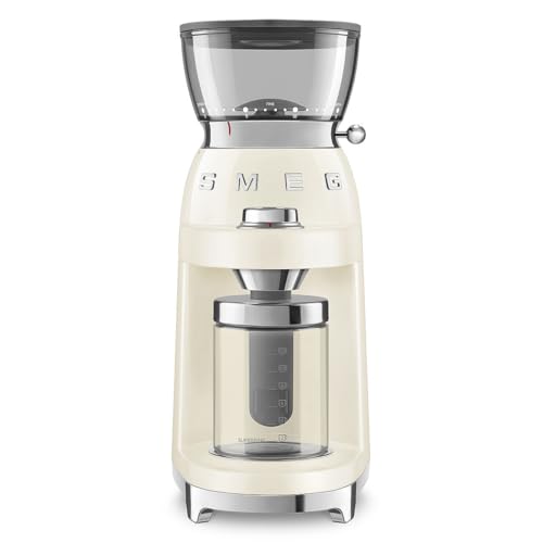 Image of SMEG CGF03 Burr Coffee Grinder, Electric Conical Burr Grinder with 15 Grind Settings, 8 Presets, 240g Bean Hopper, Espresso, Moka & Drip Coffee Grinder, 50's Retro Style (Cream)