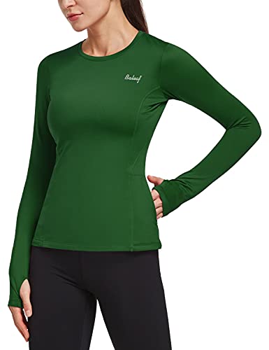 BALEAF Women s Thermal Fleece Tops Long Sleeve Running Athletic t-Shirt with Thumbholes Zipper Pocket Green Size S