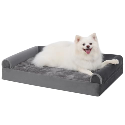 KSIIA Orthopädisches Hundebett, Hundekorb Mittelgroße Hunde 90x57x16cm Hundesofa Bezug abnehmbar waschbar, Hundebetten mit DREI erhöhte Ränder, Hundecouch rutschfeste Unterseite, Grau