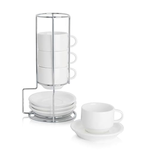 Sweese 2.5 Ounce Porcelain Stackable Espresso Cups with Saucers and Metal Stand Set of 4, White