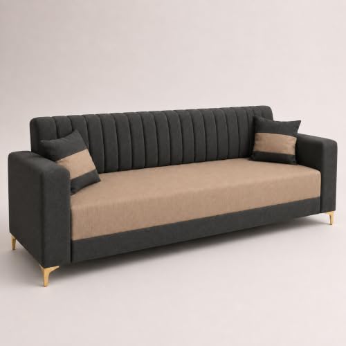 Image of FURNY Signature Regalia 3 Seater Sofa Set | Boston Fabric | 40D Foam + Zigzag Spring | 3-Yr Warranty (Ash Grey & Warm Beige) | Modern Living Luxury Sofa Set for Home, Office & Hotel Spaces