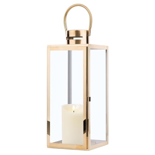 Marrakesch Skandinavische Deko Windlicht Laterne 43cm aus Edelstahl eckig | Teelichthalter als Tischdeko Wohnzimmer Deko | Kerzenhalter jarda Gold als Balkon Terrasse & Garten Aesthetic Gartendeko