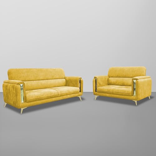 Image of Casaliving Gelio 3+2 Seater Sofa Set for Living Room (Yellow Colour) Premium Fabric Sofa