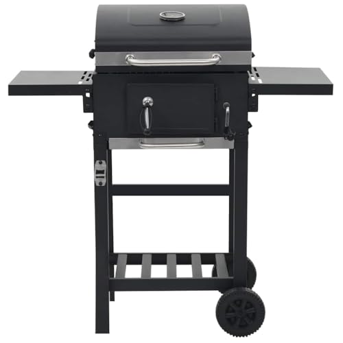 Teenpull Barbacoa de carbón vegetal con estante inferior, acero recubierto de polvo negro, 97 x 57 x 99 cm, barbacoa móvil con termómetro, mesas auxiliares plegables, 2 parrillas esmaltadas, ideal