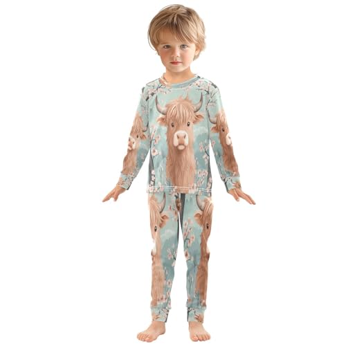 Pajama Sets Long Sleeve Highland Cow Cherry Blossom Soft Comfy Sleepwear 2 Piece PJS 3-8T2