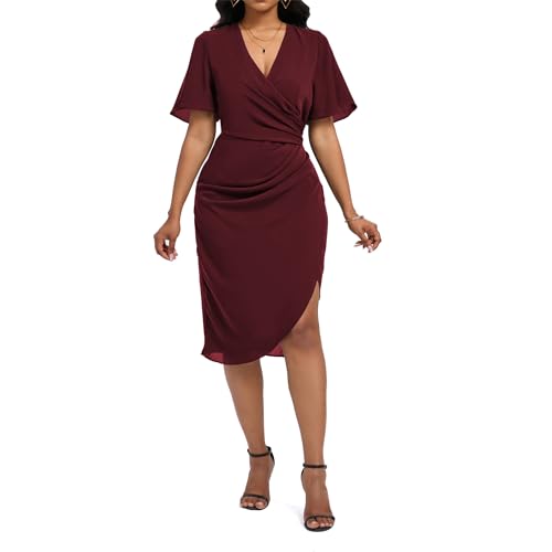 Image of Women's Wrap V Neck Asymmetrical Hem Midi Ruched Cocktail Evening Dress | Back Zipper, Regular Fit, Club Night, Semi Office Formal, Wedding Dinner Date, Flutter Short Sleeve, High Low Irregular Hem