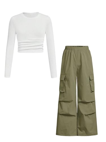 Image of Azmxynol Girls Clothes 2 Piece Outfit Ribbed T-Shirt Top + Cargo Pants, Girls Fall Clothing Set, Sizes 5-16 Years