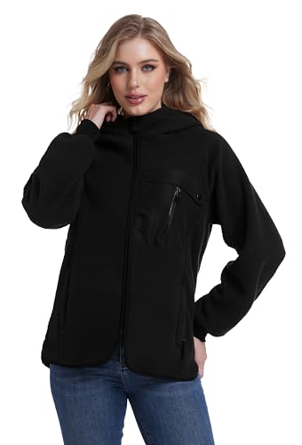 Mnking Damen Fleecejacke mit Kapuze Dicke Warme Polar Fleece Jacke Winter Full Zip Hoodie Winddicht Winterjacke für Outdoor Laufen Wandern Ski FS5563W-Black-XL