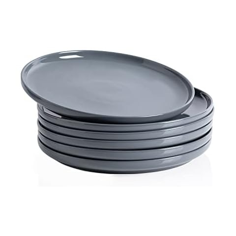 Kanwone Porcelain Dinner Plates - 10 Inch - Set of 6, Microwave and Dishwasher Safe Plates, Grey Cover