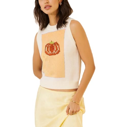 Image of Women Graphic Sweater Vest Y2k Sleeveless Lobster Pullover Top Crew Neck Lightweight Fall Knit Tank Top (Pumpkin Yellow,M)