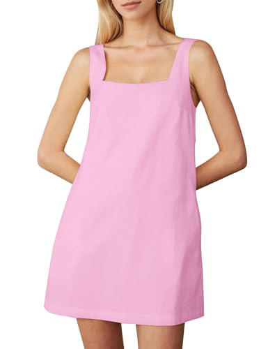 Image of Summer Linen Mini Dress for Women Sleeveless Square Neck Tank Shift Dresses Causal Backless Solid Short Sundress
