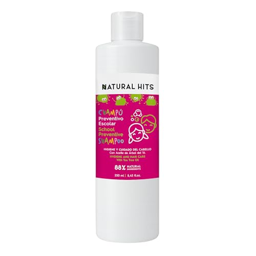 NATURAL HITS - Champu Preventivo Escolar con Aceite de Arbol de Te - 88% Ingredientes Naturales - Formula Suave para Cuero Cabelludo Sensible - Proteccion Antipiojos - 250 ml