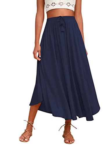 Zeagoo Women Pleated Midi Skirts Summer Casual Flowy Skirts Tie Waist A Line Maxi Skirts Navy
