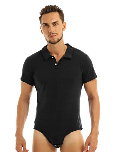 Men's Short Sleeve Turn-down Collar Button Crotch Shirt Bodysuit Snappies Rompers Jumpsuit