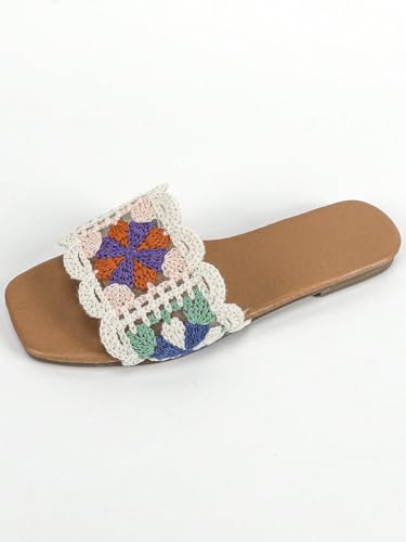 Verdusa Women's Crochet Flat Sandals Square Open Toe Slide Colorblock Trim Sandal2