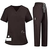 Nurse Uniforms Women Set Jogger Short Sleeve Medical Work Cargo Plus Size V-Neck Stretch Petite 2 Pcs Wide Leg Stretchy Quick Dry Wide Leg Scrubs Pantalones De Enfermera para Mujer,Brown,Large