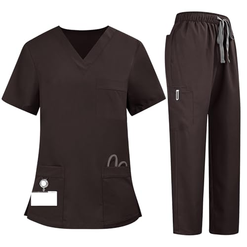 Nurse Uniforms Women Set Jogger Short Sleeve Medical Work Cargo Plus Size V-Neck Stretch Petite 2 Pcs Wide Leg Stretchy Quick Dry Wide Leg Scrubs Pantalones De Enfermera para Mujer,Brown,Large
